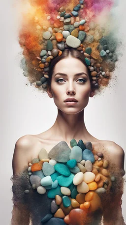 a half body portrait of a woman as made of stones of different colors, half body submerged in stones, hair made with stones, natural body posture, Art by Alberto Seveso, symmetrical, abstract artstyle, intricate complex watercolor painting, sharp eyes, digital painting, color explosion, concept art, volumetric lighting,TanvirTamim, metallic reflections, 2d render, by artgem, trending on artstation, UHD, HDR raw photo, realistic, sharp focus, 8K high definition, insanely detailed, intricate