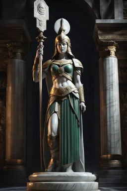 highly detailed marble and jade statue on a plint of the goddess of war. She is clad in plate mail, helmet, caries a roman pilum in her left hand and a shield in her right hand. stunning body. full body shot, Hyperrealism, breathtaking, ultra realistic, unreal engine, ultra detailed, volumetric fog, cinematic lighting, , stunning temple environment