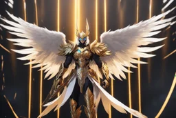 Ra in 8k solo leveling shadow artstyle, golden them, neon effect, big white wings, feathers, full body, apocalypse, intricate details, highly detailed, high details, detailed portrait, masterpiece,ultra detailed, ultra quality