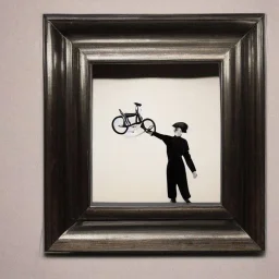 create a framed af a mime with a bicycle horn in 1920's attire