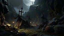Dangerous medieval Fantasy Orc camp in the moutain