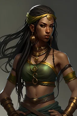 female Kalashtar dungeons and dragon race, ranger, long layered dark hair with a couple small braids, green and grey eyes, dark tanned skin, woman of color, dainty gold jewelry, sexy and strong looking, royal adventurer, muscles, sleeveless fairylike clothing, stomach showing