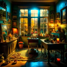 Diorama of old stuff in a room, sharp focus, 8k, 3d, very detailed, volumetric light, grim, fine art, very colorful, ornate, 35mm, F/2.8, insanely detailed and intricate, hypermaximalist, super detailed, decadent, landscape outside a window, fake