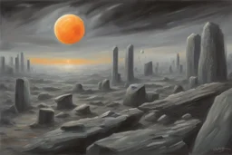 Grey sky with one exoplanet in the horizon, rocks, sci-fi, 2000's sci-fi movies influence, rodolphe wytsman and friedrich eckenfelder impressionism paintings