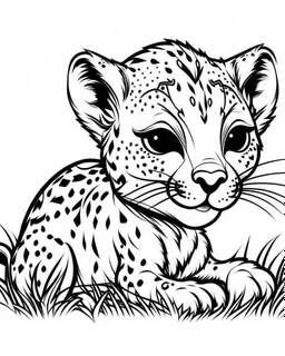 create a 2d black outline, "safari smiling cartoon baby gepard coloring book for toddlers", coloring page, low details design, black contour, coloring page design, simple background, colorful , card style, coloring page for kids, white background, sketch style, safari landscape, cartoon style