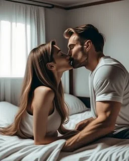 Couple in love kissing on the bedroom at home. Loving boyfriend and girlfriend sharing love together.