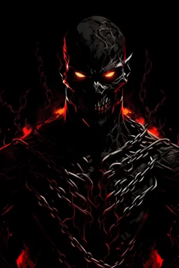 Vector Art, Front View, Demon, lava veins, stylized, Up close, half skin, black background, chains on body, wide face