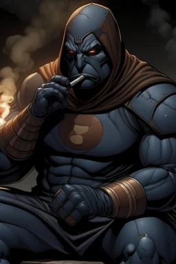 Darkseid dressed in a tracksuit smoking a cigar