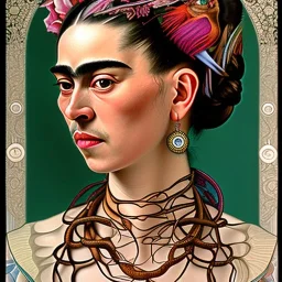 A beautiful portrait of Frida Kahlo by alphonse mucha, japanese tatoos, 4k, high details