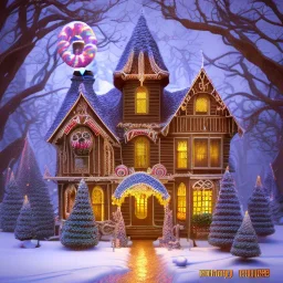 closeup render of rambling, Victorian house made of gingerbread and vibrant candy, cotton candy trees and gumdrop walkway, 8k resolution, centered, high-quality, ultrafine-detail, digital art, detailed matte, volumetric lighting, illustration, 3D octane render, brian froud, howard lyon, greg rutowski, George Grie