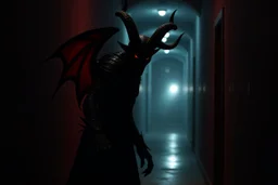 a sinister devil standing in a dark hallway
