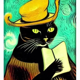 oil portrait of a cat with hat reading a book and smoking with wooden pipe by Van Gogh 8k