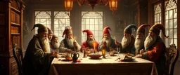 Dynasty family by table, in winter glow, master oil painting by Rembrandt, arts magica spy gnomes soap opera poster, huge multi level archive, library, woodland creatures, motion blur, background mist, light beam from windows Let the magic flow Oh winter glow Don't let it go [Bridge] Stars above like tiny fires Hearts alight with quiet desires