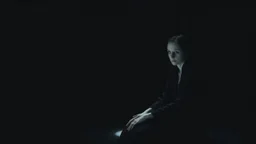A solitary woman sitting alone in an endless void of darkness, pale skin, large hollow dark eyes with deep shadows underneath, wearing tattered black robes, empty expression, staring into nothingness. Only a faint circle of dim light surrounds her. Absolute loneliness, emotional emptiness, existential despair, abandonment, silence, vast darkness consuming everything beyond the light. No other people, no faces, no eyes, no creatures, no monsters, no silhouettes, no figures in the shadows, no watc