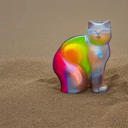 a multicolored glass cat on sand