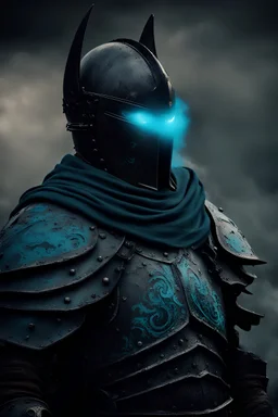 a dark knight with turquoise blue steam coming out of his eyes, corinthian helmet, dark armor, standing darkly on a medieval battlefield. intimidating