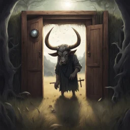 High concept art, horror movie aesthetic in the spirit of "Pan's Labrynth", (no text), fine digital illustration, in an empty field of knee-high grass is a wooden doorway revealing a portal of brilliant light, guarding doorway is a fearsome minitour holding an axe who has a television set on his head broadcasting a picture of a bull head, sinister, concept art, oddball masterpiece, sfumato, complex contrast, dynamic composition