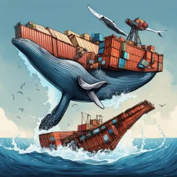 A whale carrying shipping containers on its back, and an engine with a propeller carrying the whale through the water. Digital Art, Digital Drawing