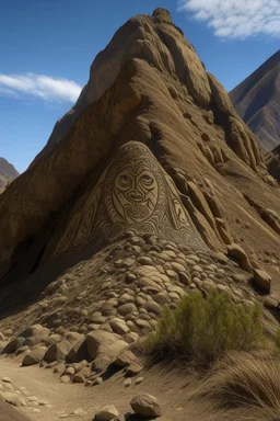 A brown giant mountain near a canyon designed in native American petroglyphs