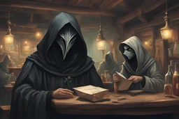 cloaked hooded dealer, party animal, wild eyes, holding an envelope in a tavern talking to a hooded figure, surreal fantasy, dark