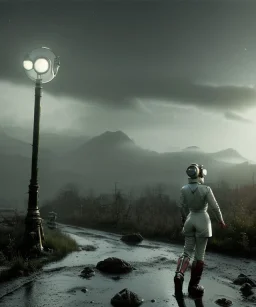 Ultra Realistic retro sci-fi 1960 scene, waist up view portrait, blonde woman, sweet young Marilyn Monroe face, perfect iris, tight latex coat, Strange planet background, Retro sci-fi style helmet, fog, rain, soft color, highly detailed, unreal engine 5, ray tracing, RTX, lumen lighting, ultra detail, volumetric lighting, 3d, finely drawn, high definition, high resolution.