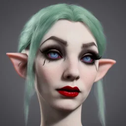 gothic female elf, elf portrait, portrair, elf head, elf face, big eyes, smile, red lipstick and black eyliner, fantasy, happy, 8k resolution, high-quality, fine-detail, fantasy, incredibly detailed, ultra high resolution, 8k, complex 3d render, cinema 4d