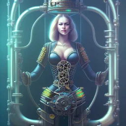 upper body of lady pirate in elevator, machine with gears and ropes, book cover, fantasy art, sketch, movie poster, mirrors