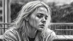 Black and white pencil sketch of a sad blonde on a balcony, rain, tears, photorealism, 3d, 64k, high resolution, hyperrealism, f/16, 1/300 sec.