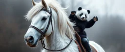 the high speed magical face of a fluffy horse with panda in saddle