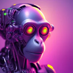 A beautiful portrait of a cyborg monkey purple neon color scheme, high key lighting, volumetric light high details psychedelic background