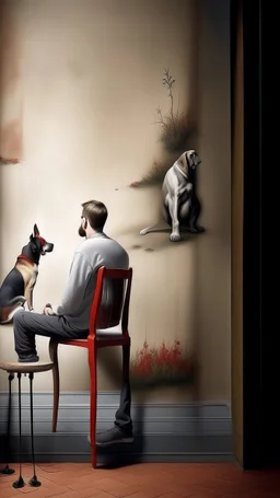 Bosch paint style nightmare, a rear view of a man sitting on a chair facing a wall , a dog is sleeping beside him