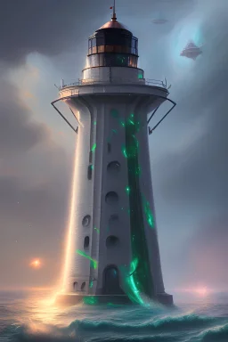 infinity malachite lighthouse on a glittering astral sea, spectacular fantasy landscape concept art,