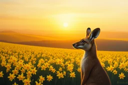 oil paint, kangaroo fox mother nature in A vast, tranquil landscape bathed in the golden glow of a spring sunset, with a sea of daffodils stretching across rolling hills under a soft, pastel-colored sky. The flowers sway gently in a soft breeze, creating a vibrant, dream-like ocean of yellow against the serene background. close up on a natural beauty face A solitary figure, perhaps a poet or dreamer, stands in awe at the beauty, their presence almost blending with the natural scene