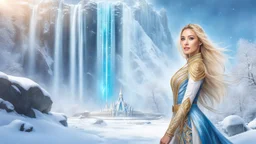 Photo realistic portrait of a gorgeous smiling skinny euro-asian goddess with a golden dark shining skin, long smooth blonde hair, blue eyes, in a sci-fi outfit with luminous strikes blowing a kiss in a snowy hill, a frozen waterfall, a crystal palace, hills in a wide persperctive, particles in the air in winter. Intricated details,