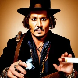 portrait of johnny depp as indiana jones smoking, in studio