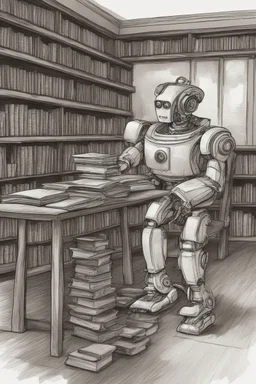 A huge library is serviced by computers, and there are many books on the shelves. The robot is sitting on a chair at the table and holding an antique book in his hands. Expression. High-quality drawing, 8K