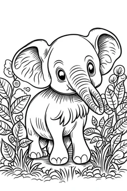 cute coloring page, sketch style, cute baby elephan in the jungle, cute cartoon, white and black, withe background, no shadows, outline.