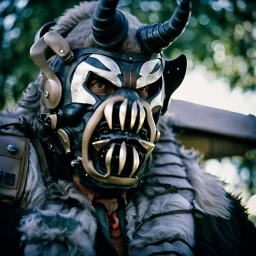 Close up of a Yeti wearing Bane mask, August 1985, Yeti, Dystopian, Japanese, Extreme depth of field, bokeh blur, Alberta, all-natural, in the style of candid, imperfection, natural lighting, Professional shot, shot on Agfa, Fuji Film, Anamorphic lens --ar 4:5 --w 150 --style raw