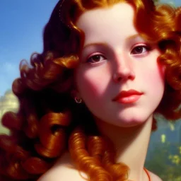 Hyperdetailed oil on canvas, young robyn lively by an ornate fountain, goldfish pond, lotus, detailed face, long muti-hued red curly hair; by gaspar camps, maxfield parrish, alphonse mucha, cyril rolando, dan mumford; luminous colorful sparkles, glitter, airbrush, octane render, volumetric lighting, 16k