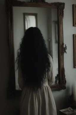 Close up of a beautiful woman with long curly black hair standing in front of a mirror, she doesn't see, but her reflection in the mirror is a dark demon with intense scary eyes looking back at her. Super realistic, 8k high quality