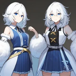 Clear focus, High resolution, rough line sketch art, short fluffy white hair, hair between eyes, fluffy hair, blue eyes, wearing a sleeveless shirt, wearing a a pleated skirt , detailed outfit, lots of details, bow on belt, white belt, white and blue everywhere on outfit, cut sleeve, yellow chains around outfit, concept art