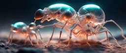 close up on dented glowing transparent ant skeleton rat babies, raised by ninja necromancer in the wild, in surreal glowing chrome landscape