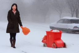 a lifelike picture of a asian women taking the rubbish out in the snow