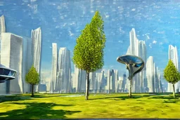 Sunny Day, futuristic buildings near the tree and lake zone, sci-fi, realistic vision, impressionism painting