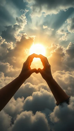 Sun light above swirling clouds, emerges from the heart of a raging storm. Turbulent winds of steam swirl around lit by shafts of sunlight that cast dramatic shadows on the A beautiful hands making a heart shape sign around it , High quality 16k cinematic scene and great photography