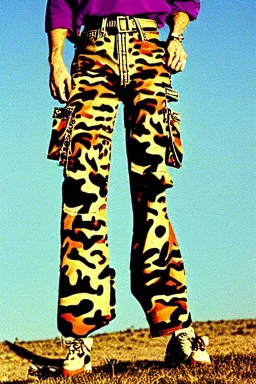 year 1997 denim fashion, Techno, "combat pants", cargo, Loose fit, low waist, baggy. Colors: denim blue, blue, purple, khaki, light green, lilac, plum, orange, terracotta, red, pink, dark blue, beige. Patterns: cheetah, balls, stripes. cheetah belt. Something between camouflage and cheetah prints. Women models. Sharon Stone, Sandra Bullock, Winona Ryder, Milla Jovovich, Big tennis shoes on. Latex in small part, areas, clothes..Combat pants. Leg warmers.