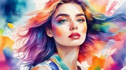 Quirky fashion portrait illustration in vibrant watercolor style, Portrait of a beautiful young woman surrounded by vibrant colors and airy lighting in this stunning fashion illustration featuring quirky watercolor brushstrokes, Surreal, textured, 3D, 8K, best quality, fine rendering, high detail, hyperrealism, high resolution, high definition, multi-layered, extreme focus, hyper sharp, hyperfocus,