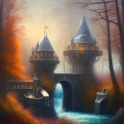 spray painted fantasy art, photorealism, book illustration,upper body of a realistic hooded high priestess, big sword in stone, winding tubes ,white furniture by a dam ,autumn water, evening