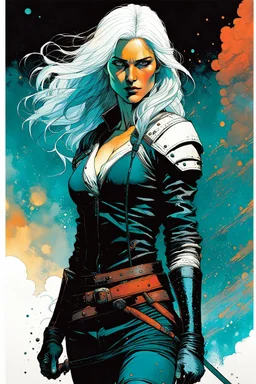 create an imaginative full body print illustration of an ethereal, otherworldly female Witcher , in the comic book art style of Bill Sienkiewicz, Mike Mignola, and Jean Giraud Moebius, with highly detailed feminine facial features , finely drawn and inked,