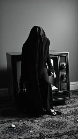 Black and white classic movie the well . A scary women wearing all black and long hair covering her face stepping out of an old tv devise both her hands on the ground out side the tv and her half of her buddy is inside the tv , scary scene